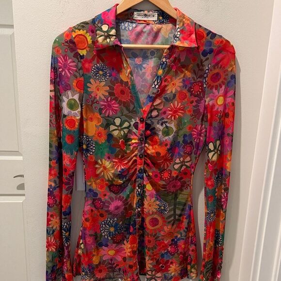 NATURAL LIFE Multicolor Mesh Sheer Floral Button-Down Shirt s medium - Picture 2 of 10